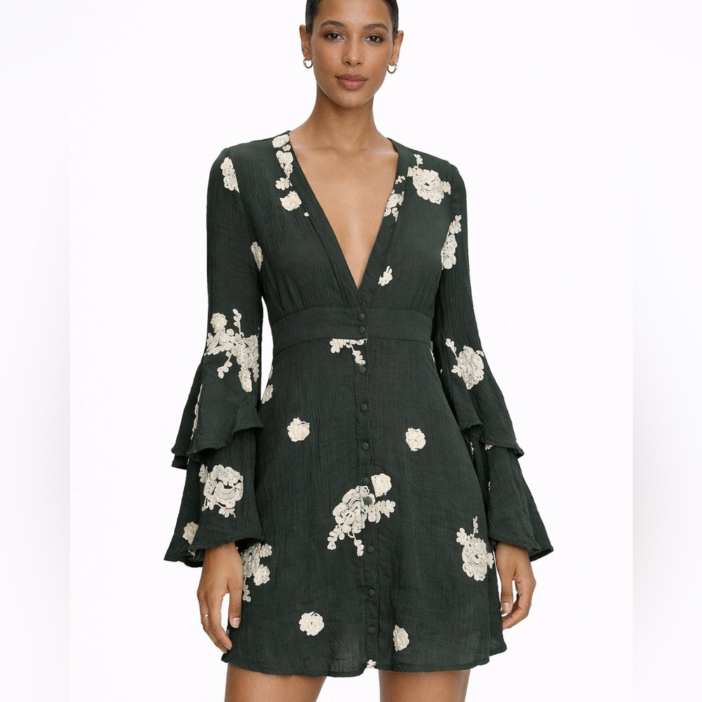 Anthropologie Sadie & Sage Dark Green Embroidered Bell Sleeve Mini Dress Small